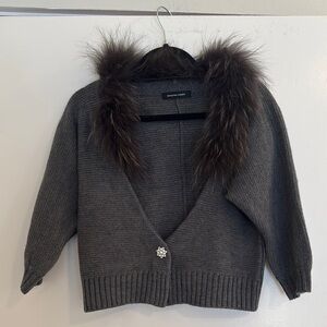 Queens court size 2 Gray Cardigan with detachable Fur Collar and pearl button.